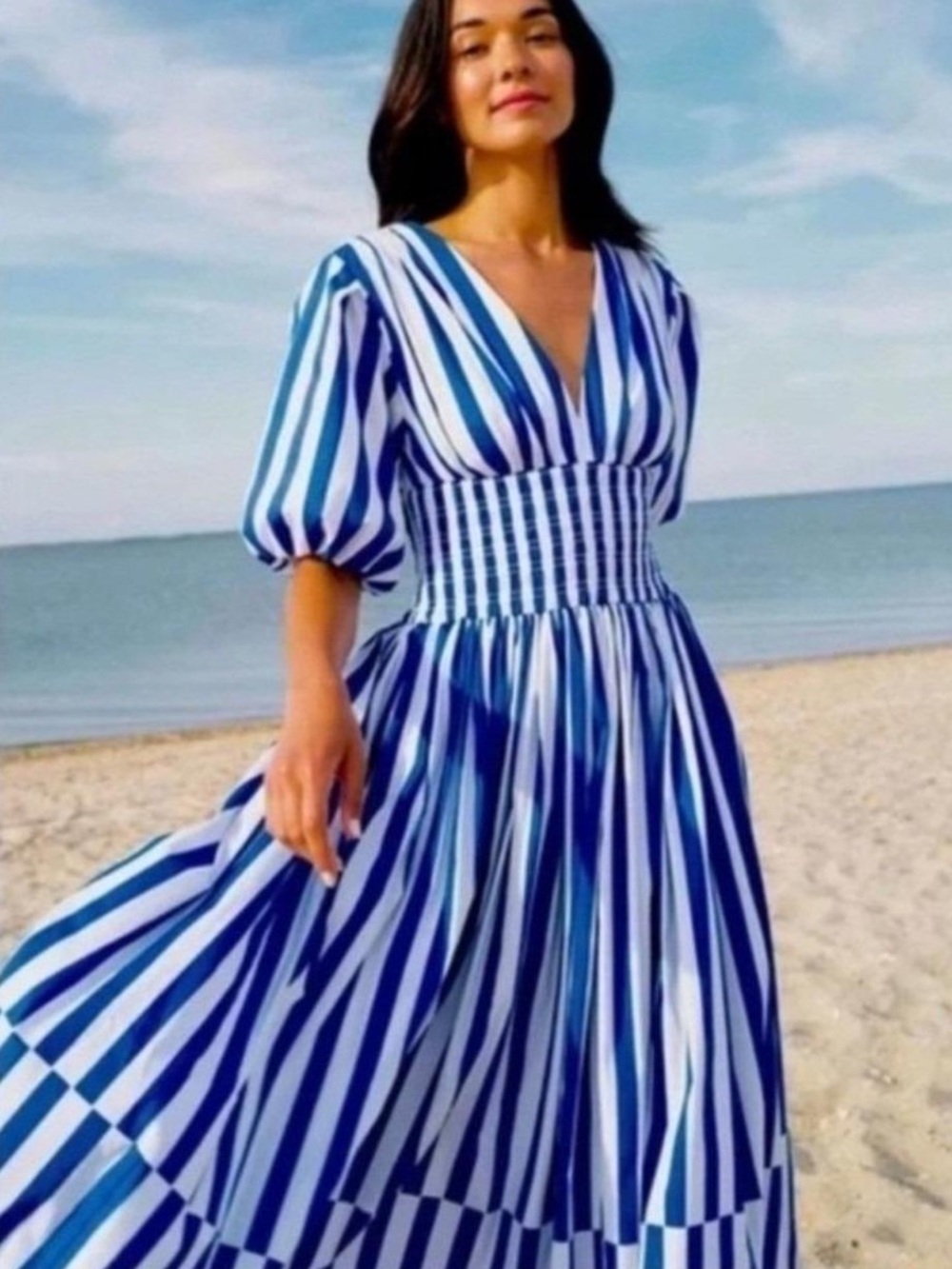 AYR The Extra Extra Puff Sleeve Midi Dress in Marais Blue Regatta Stripe XS - Picture 5 of 16
